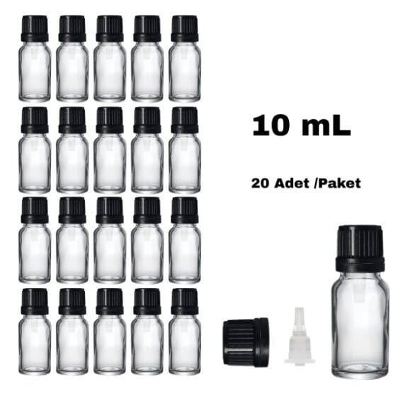 Cam Damlalıklı Ecza Şişe 10 ml Şeffaf - Plastik Siyah Kilitli Kapak 20 Adet