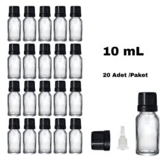 Cam Damlalıklı Ecza Şişe 10 ml Şeffaf - Plastik Siyah Kilitli Kapak 20 Adet