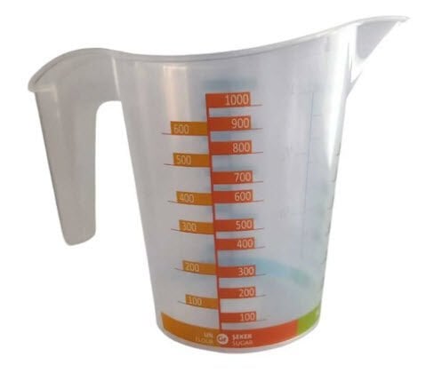 Plastik Beher Ölçü Kabı 1000 ml – Renkli Skala ile Güvenli Ölçüm