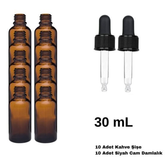 Cam Damlalıklı Ecza Şişe 30 ml Amber - Siyah Kilitli 18 mm Kapak 10 Adet