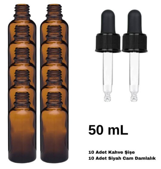 Cam Damlalıklı Ecza Şişe 50 ml Kahve - Siyah Kilitli 18mm Kapak 10 Adet