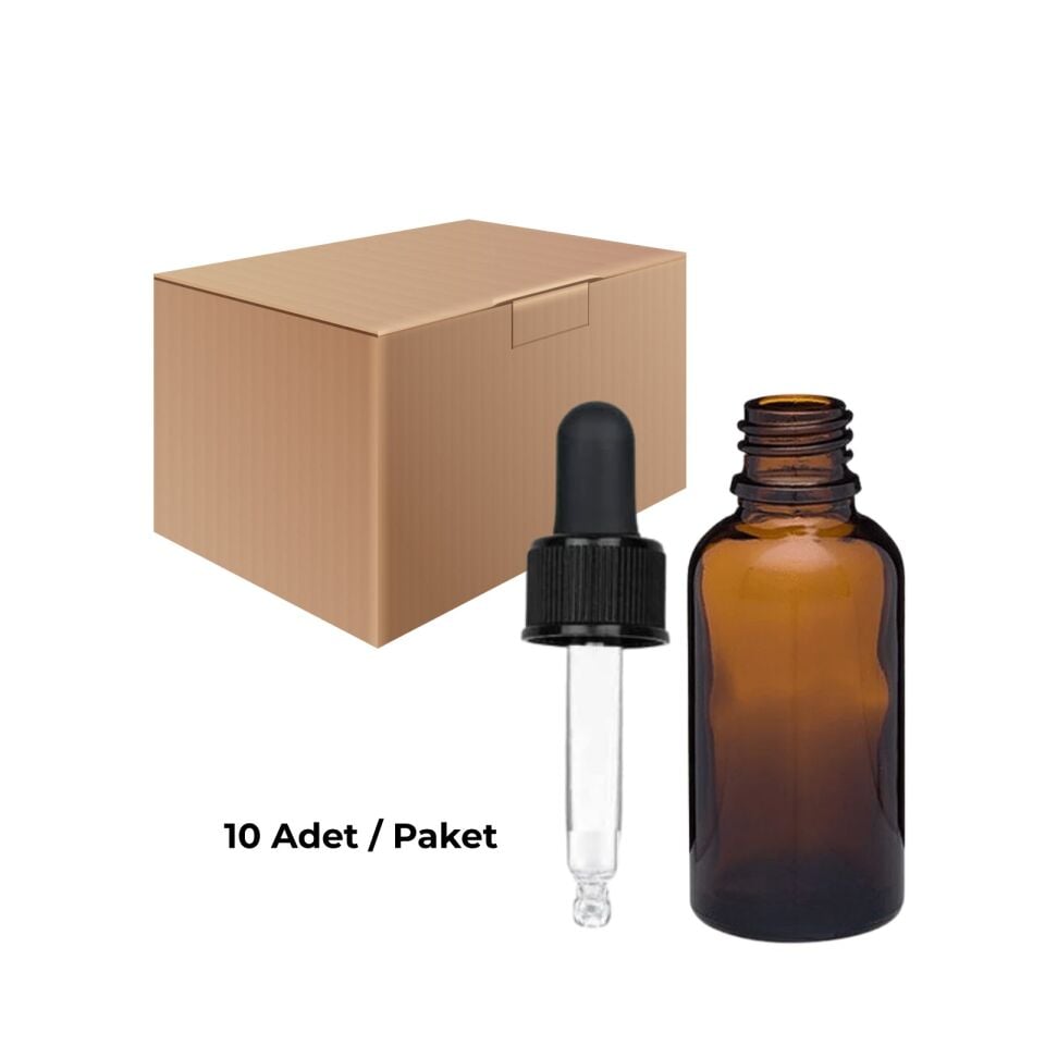 Cam Damlalıklı Ecza Şişe 50 ml Kahve - Siyah Kilitli 18mm Kapak 10 Adet