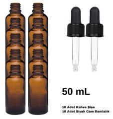 Cam Damlalıklı Ecza Şişe 50 ml Kahve - Siyah Kilitli 18mm Kapak 10 Adet