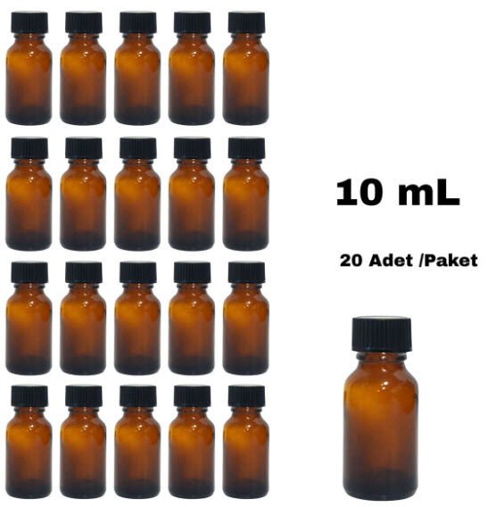 Cam Ecza Şişe 10 ml Kahve - Siyah Kilitsiz 18 mm Kapak 20 Adet