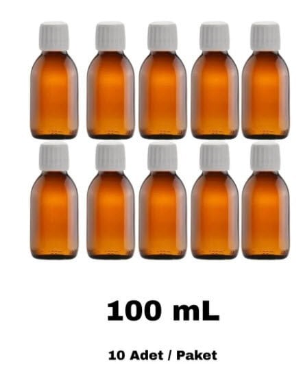 Cam Ecza Şişe 100 ml Kahve - Beyaz Kilitli 28 mm Kapak 10 Adet