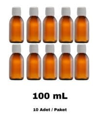 Cam Ecza Şişe 100 ml Kahve - Beyaz Kilitli 28 mm Kapak 10 Adet