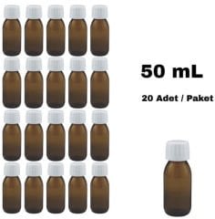 Cam Ecza Şişe 50 ml Kahve - 25mm Beyaz Kilitli Kapak 20 Adet
