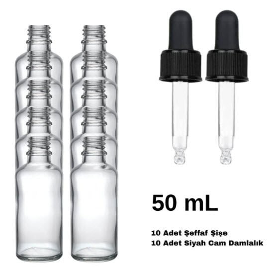Cam Damlalıklı Ecza Şişe 50 ml Şeffaf - Siyah Kilitli 18 mm Kapak 10 Adet