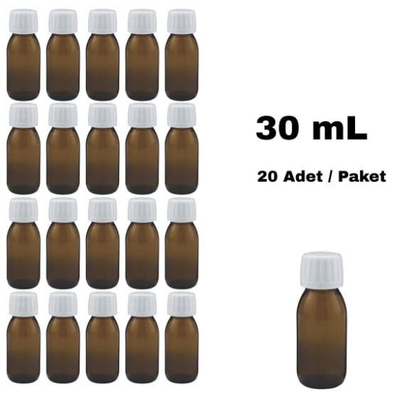 Cam Ecza Şişe 30 ml Kahve - Beyaz Kilitli 25 mm Kapak 20 Adet