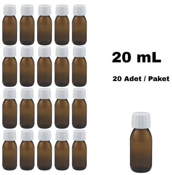 Cam Ecza Şişe 20 ml Kahve - Beyaz Kilitli 25 mm Kapak 20 Adet