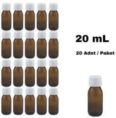 Cam Ecza Şişe 20 ml Kahve - Beyaz Kilitli 25 mm Kapak 20 Adet