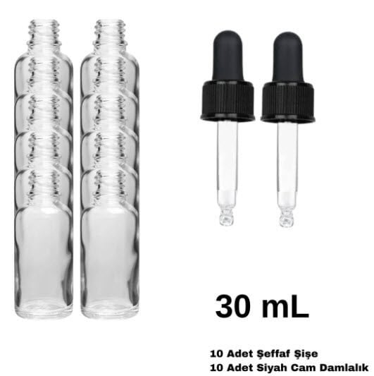 Cam Damlalıklı Ecza Şişe 30 ml Şeffaf - Siyah Kilitli 18 mm Kapak 10 Adet