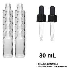 Cam Damlalıklı Ecza Şişe 30 ml Şeffaf - Siyah Kilitli 18 mm Kapak 10 Adet