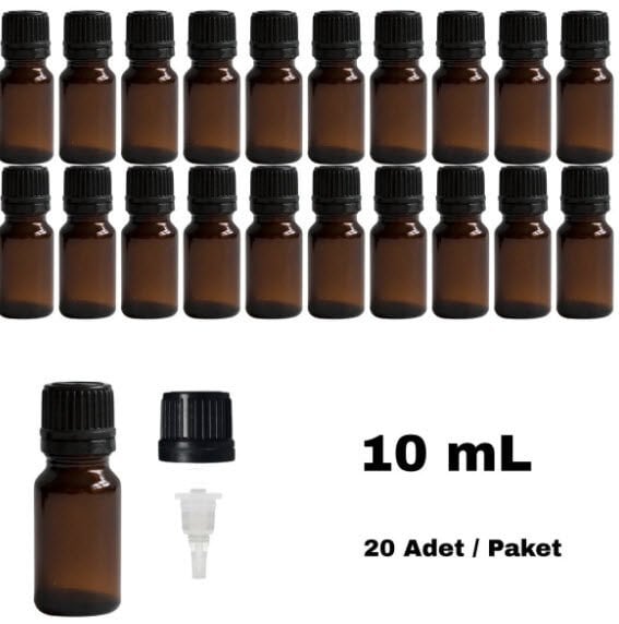Cam Damlalıklı Ecza Şişe 10 ml Amber - Plastik Siyah Kilitli Kapak 20 Adet