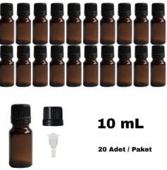 Cam Damlalıklı Ecza Şişe 10 ml Amber - Plastik Siyah Kilitli Kapak 20 Adet