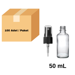 Cam Şeffaf Sprey Şişe 50 ml - Siyah Sprey Başlık 100 Adet