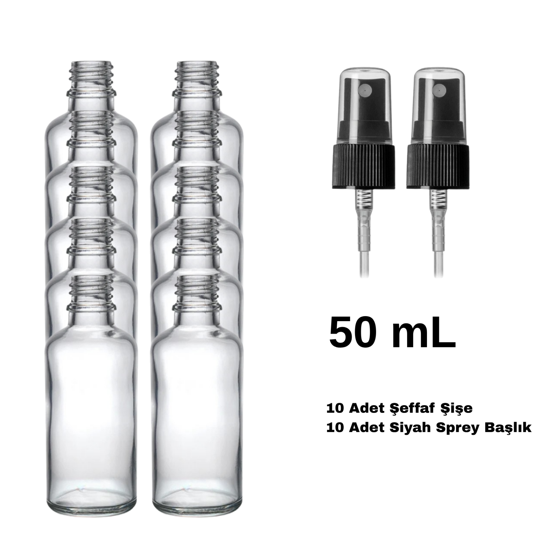 Cam Şeffaf Sprey Şişe 50 ml - Siyah Sprey Başlık 10 Adet