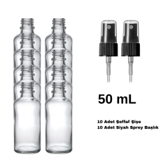 Cam Şeffaf Sprey Şişe 50 ml - Siyah Sprey Başlık 10 Adet