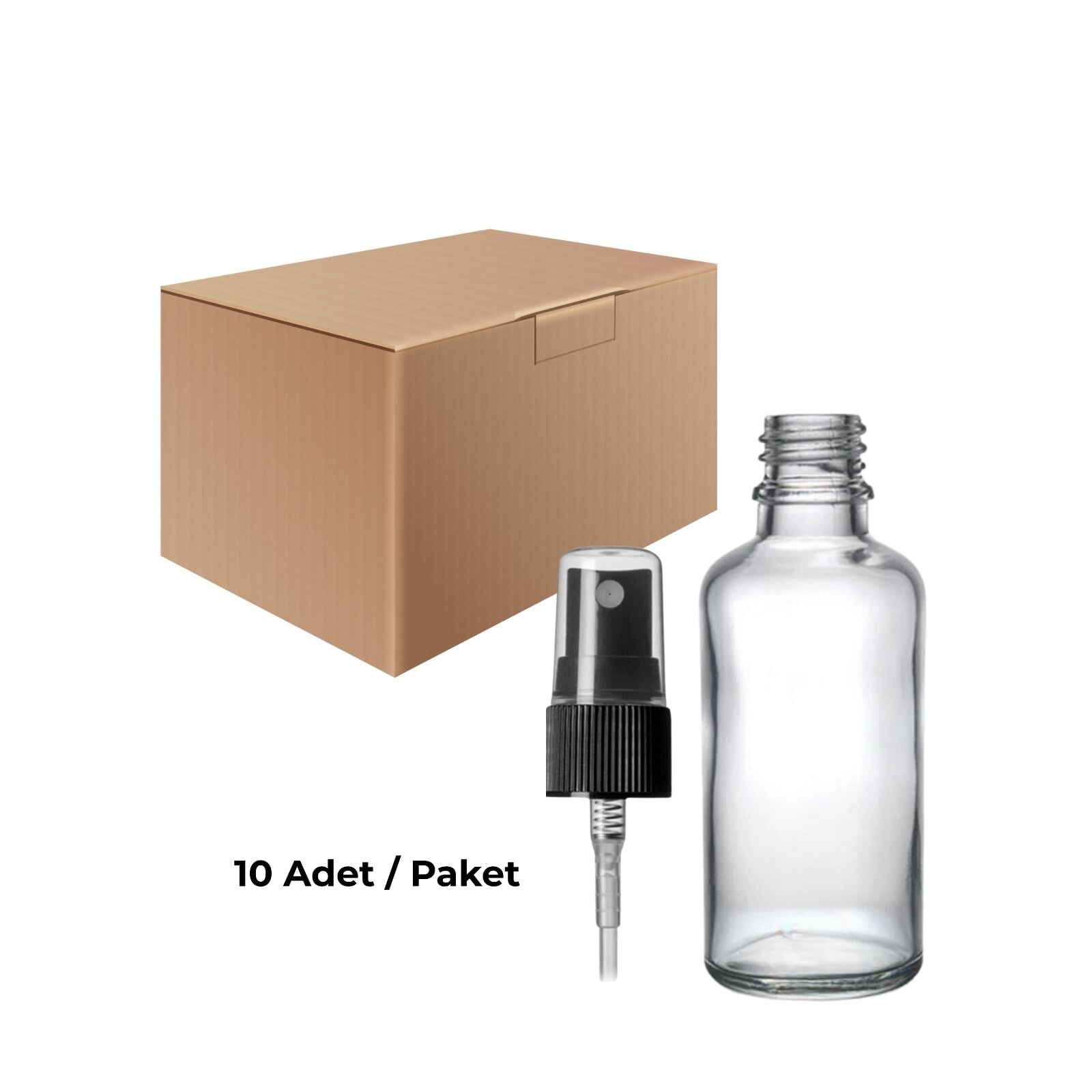 Cam Şeffaf Sprey Şişe 50 ml - Siyah Sprey Başlık 10 Adet