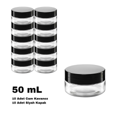 Cam Şeffaf Krem Kavanozu 50 ml - Siyah Sızdırmaz-Kapaklı Şişe 50 cc 10 Adet