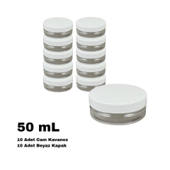 Cam Krem Kavanozu 50 ml - Beyaz Sızdırmaz-Kapaklı Şişe 50 cc 10 Adet