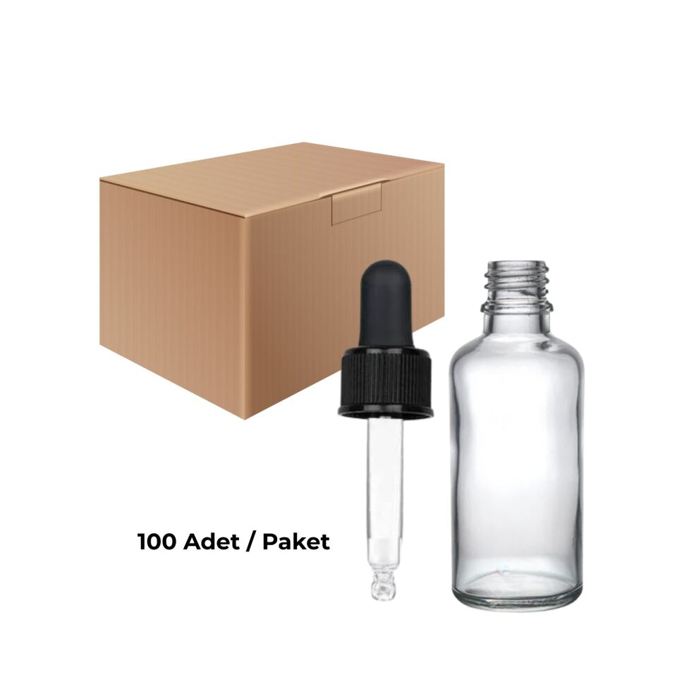 Cam Damlalıklı Ecza Şişe 50 ml Şeffaf - Siyah Kilitli 18 mm Kapak 100 Adet
