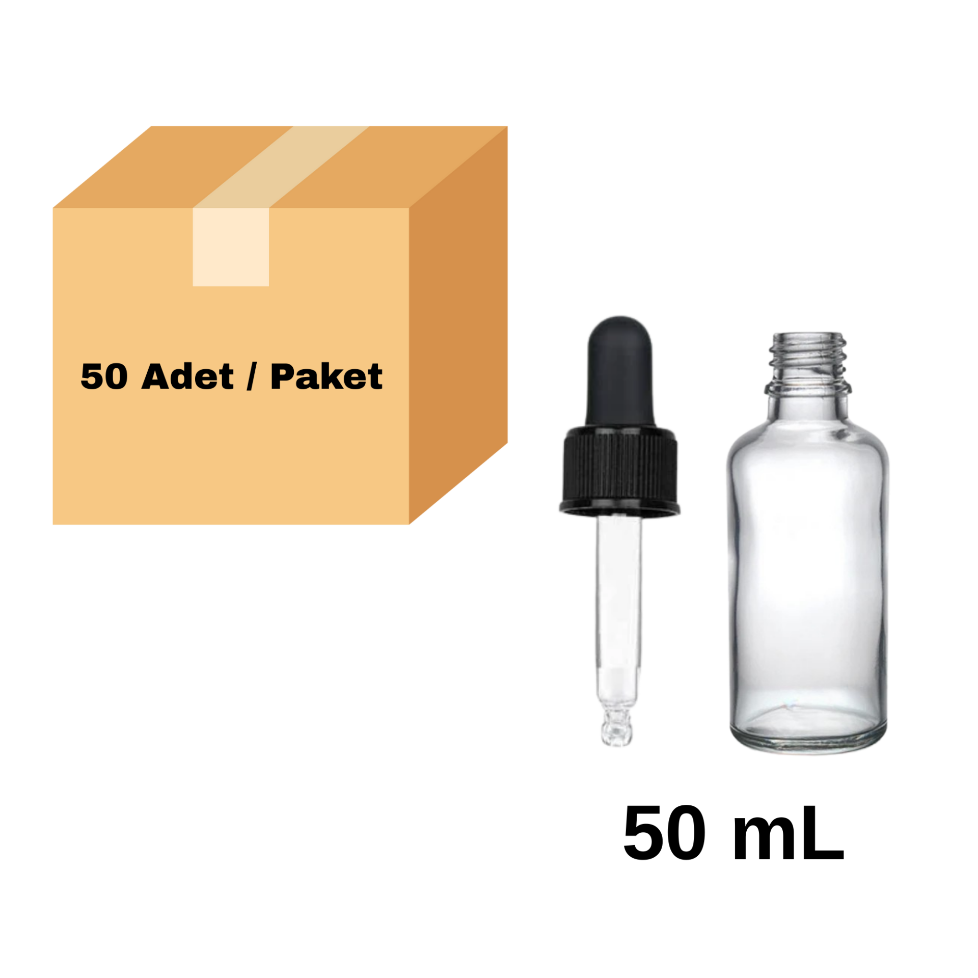 Cam Damlalıklı Ecza Şişe 50 ml Şeffaf - Siyah Kilitli 18 mm Kapak 50 Adet