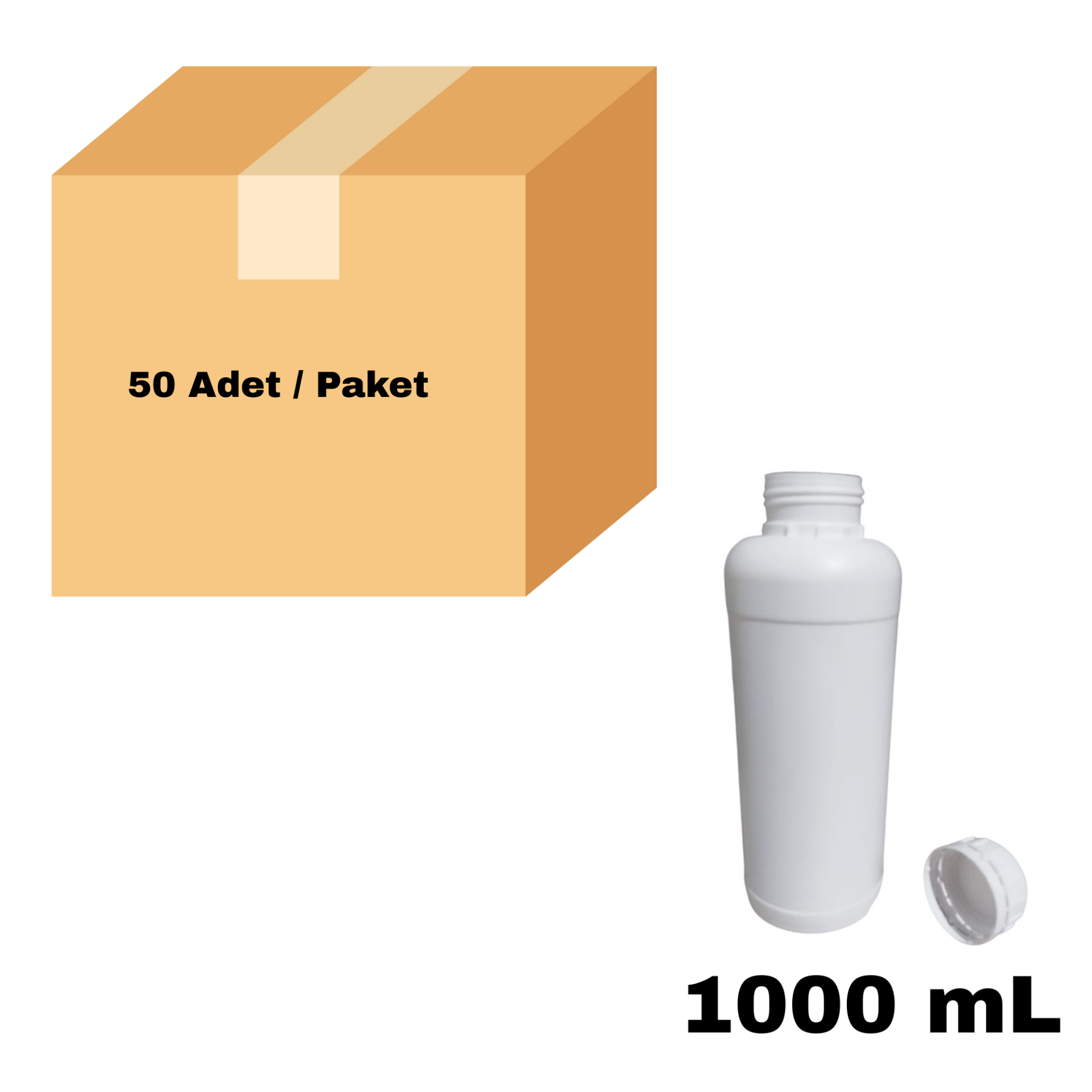Plastik Yuvarlak Şişe 1000 ml - Beyaz Kilitli Kapaklı Numune Şişe 50 Adet