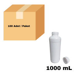Plastik Yuvarlak Şişe 1000 ml - Beyaz Kilitli Kapaklı Numune Şişe 100 Adet