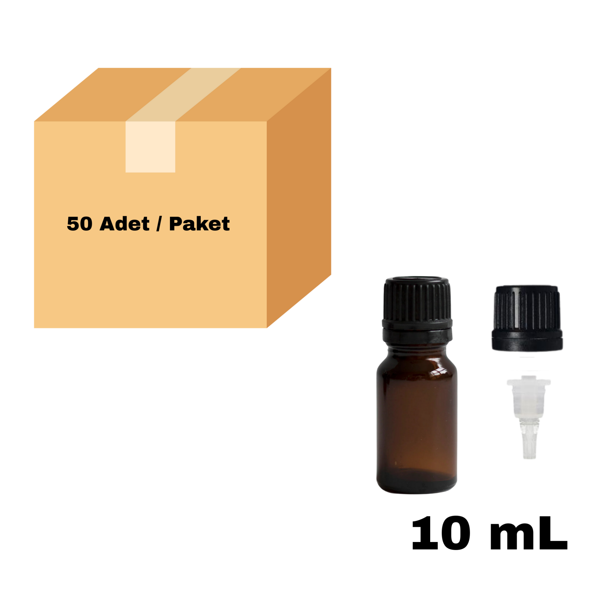 Cam Damlalıklı Ecza Şişe 10 ml Amber - Plastik Siyah Kilitli Kapak 50 Adet