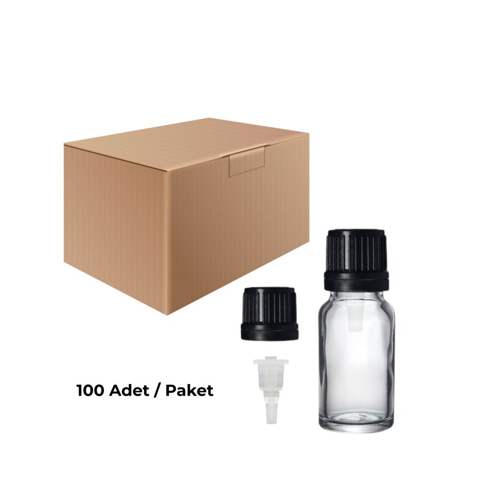Cam Damlalıklı Ecza Şişe 10 ml Şeffaf - Plastik Siyah Kilitli Kapak 100 Adet
