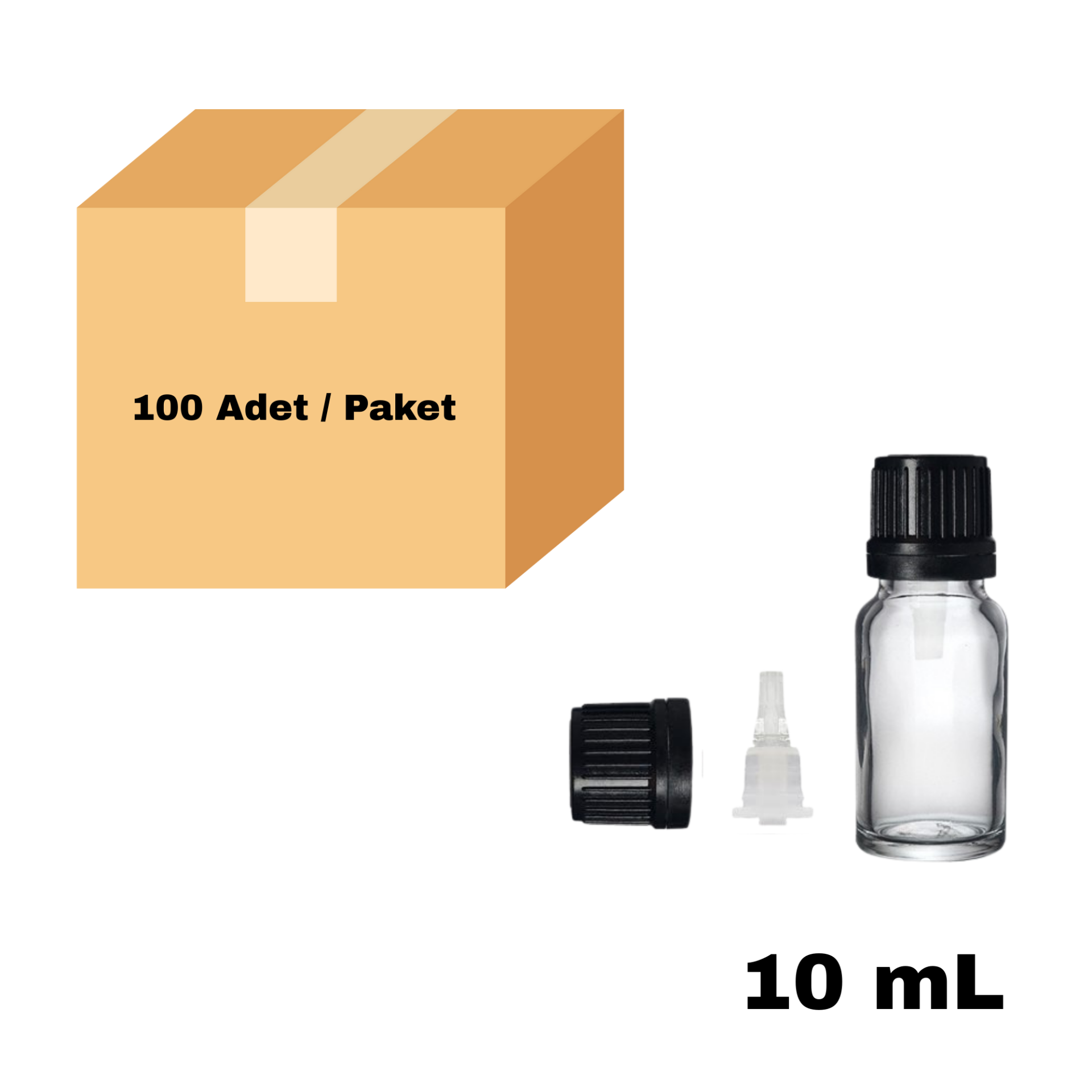 Cam Damlalıklı Ecza Şişe 10 ml Şeffaf - Plastik Siyah Kilitli Kapak 100 Adet