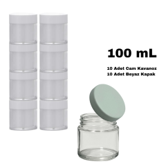 Cam Krem Kavanozu 100 ml - Beyaz Sızdırmaz Kapaklı Şişe 100 cc 10 Adet