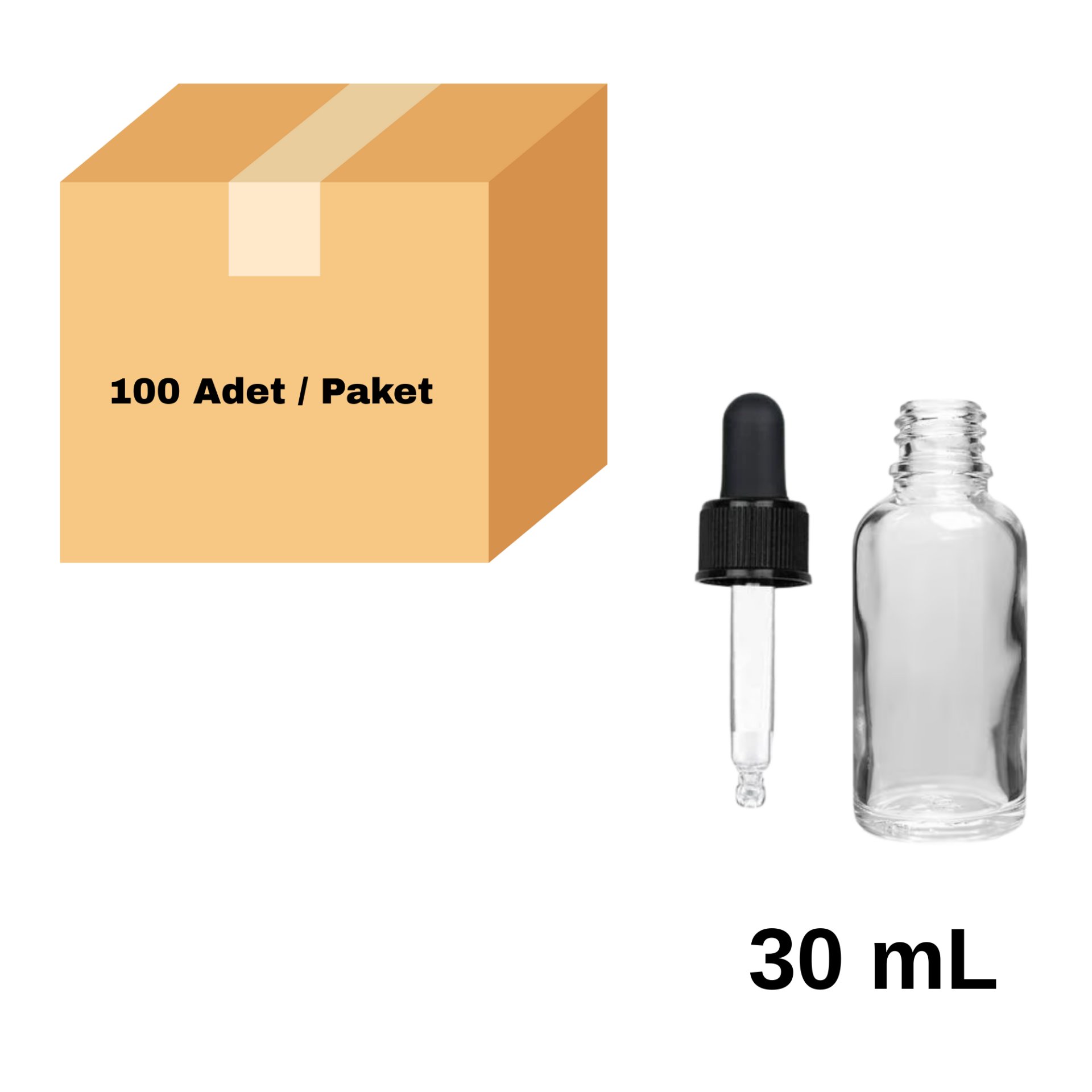 Cam Damlalıklı Ecza Şişe 30 ml Şeffaf - Siyah Kilitli 18 mm Kapak 100 Adet