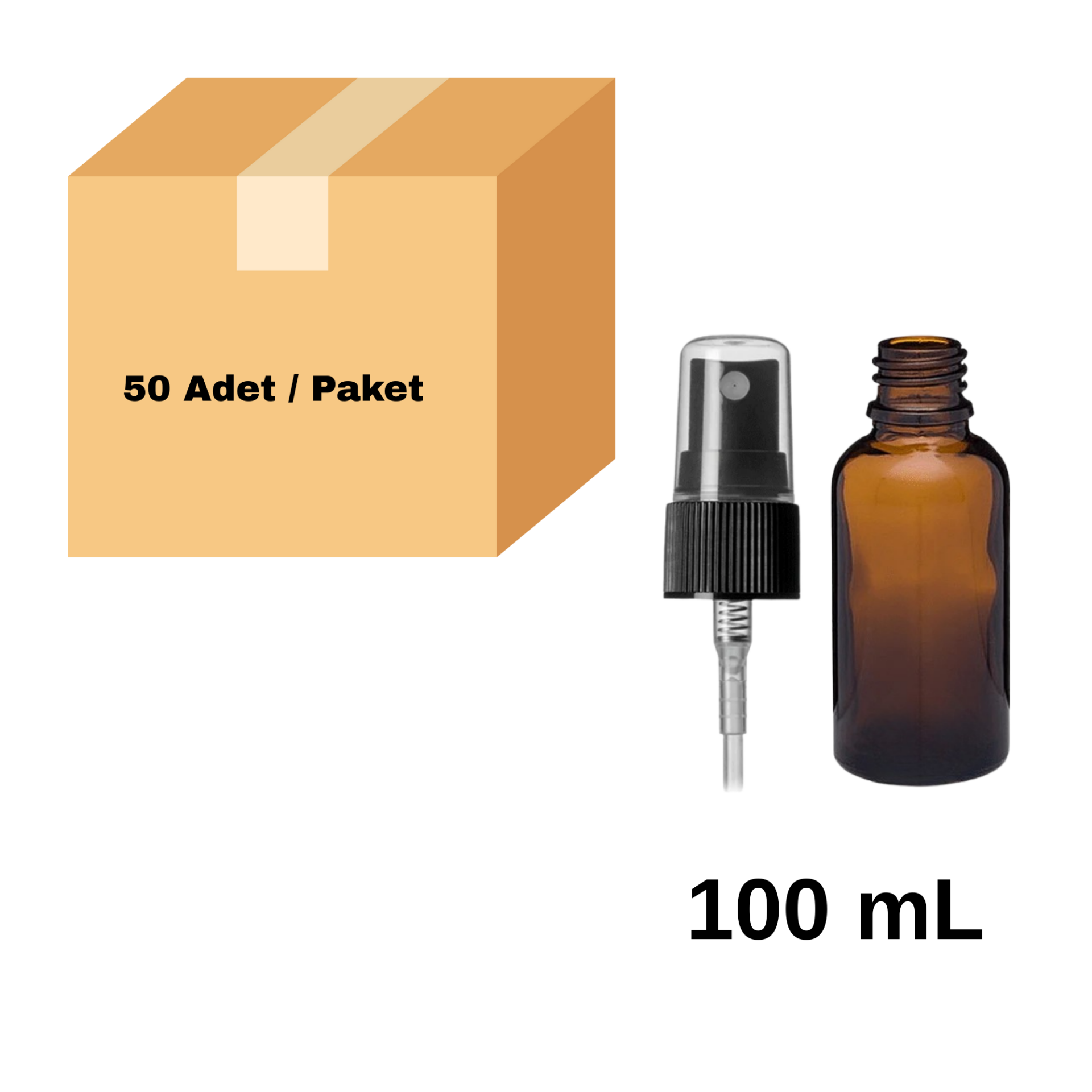 Cam Amber Sprey Şişe 100 ml - Siyah Sprey Başlık 50 Adet