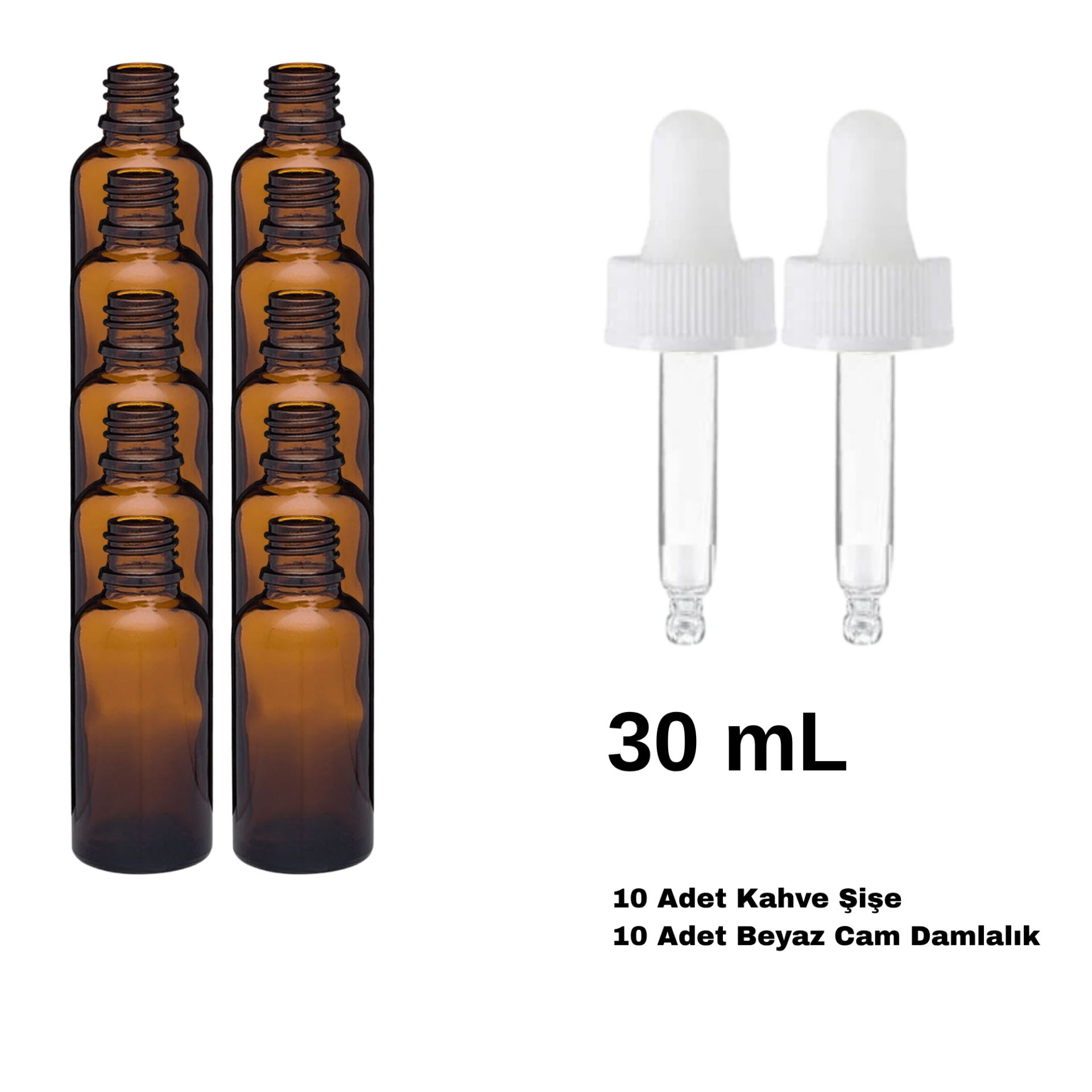 Cam Amber Şişe 30 ml - Beyaz Damlalıklı Kilitli 18 mm Kapak 10 Adet