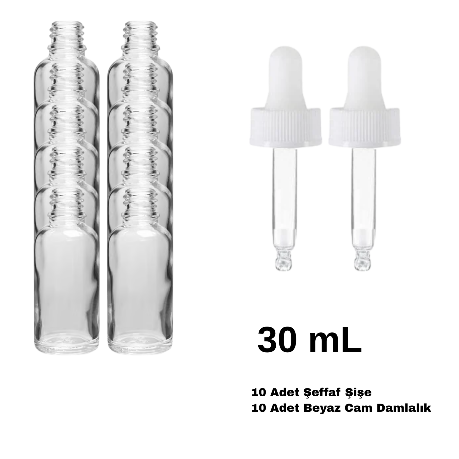 Cam Şeffaf Şişe 30 ml - Beyaz Damlalıklı Kilitli 18 mm Kapak 10 Adet