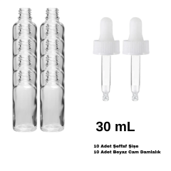 Cam Şeffaf Şişe 30 ml - Beyaz Damlalıklı Kilitli 18 mm Kapak 10 Adet