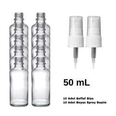 Cam Şeffaf Sprey Şişe 50 ml - Beyaz Sprey Başlık 10 Adet