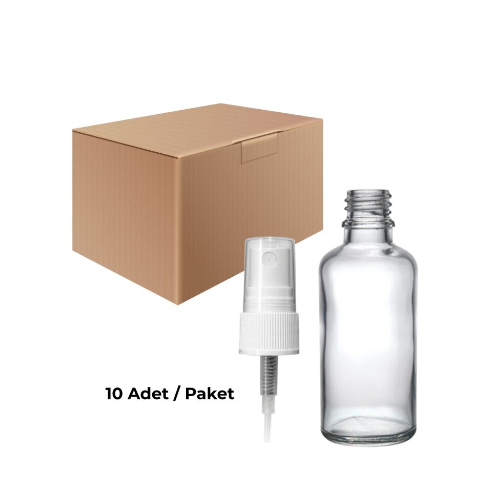 Cam Şeffaf Sprey Şişe 50 ml - Beyaz Sprey Başlık 10 Adet