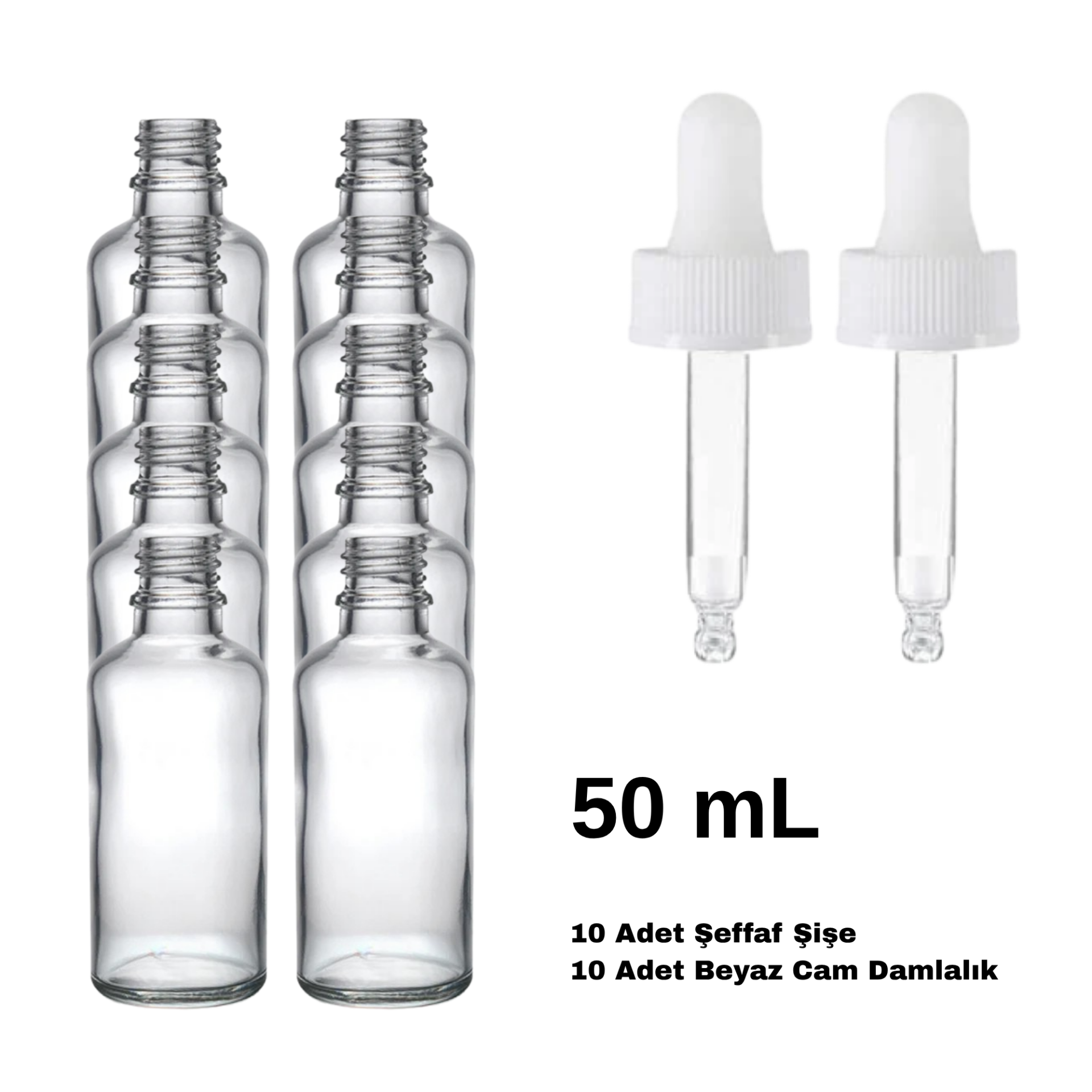 Cam Şeffaf Şişe 50 ml - Beyaz Damlalıklı Kilitli 18 mm Kapak 10 Adet
