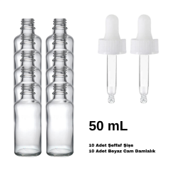 Cam Şeffaf Şişe 50 ml - Beyaz Damlalıklı Kilitli 18 mm Kapak 10 Adet