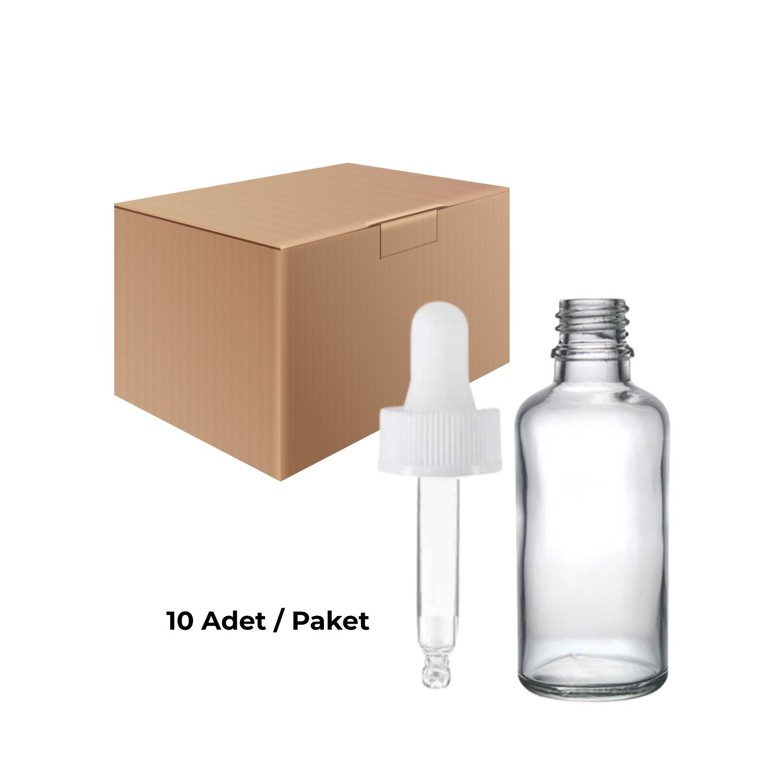 Cam Şeffaf Şişe 50 ml - Beyaz Damlalıklı Kilitli 18 mm Kapak 10 Adet
