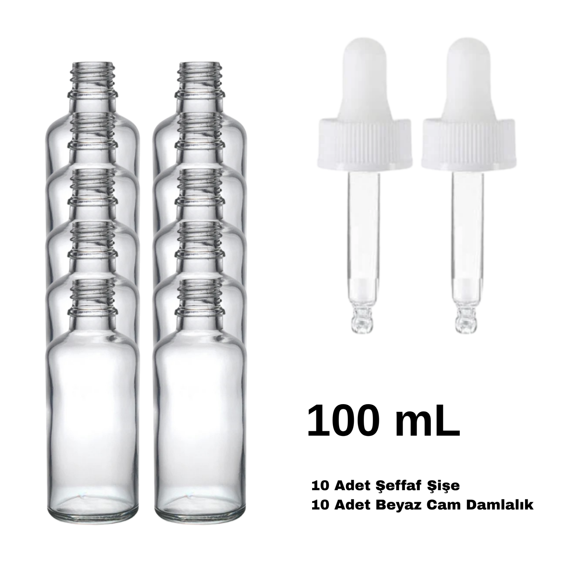 Cam Şeffaf Şişe 100 ml - Beyaz Damlalıklı Kilitli 18 mm Kapak 10 Adet