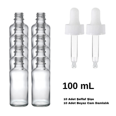 Cam Şeffaf Şişe 100 ml - Beyaz Damlalıklı Kilitli 18 mm Kapak 10 Adet