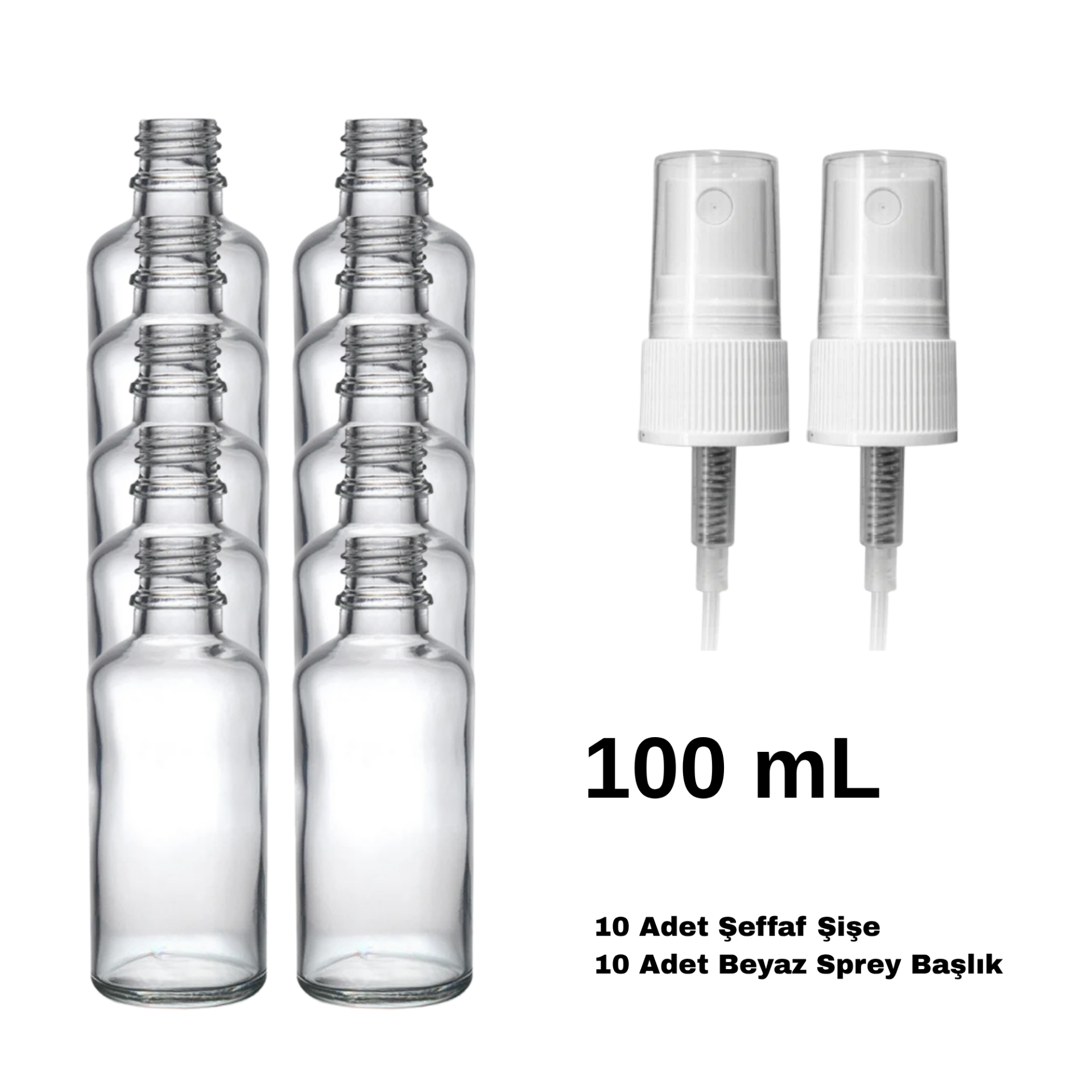 Cam Şeffaf Sprey Şişe 100 ml - Beyaz Sprey Başlık 10 Adet