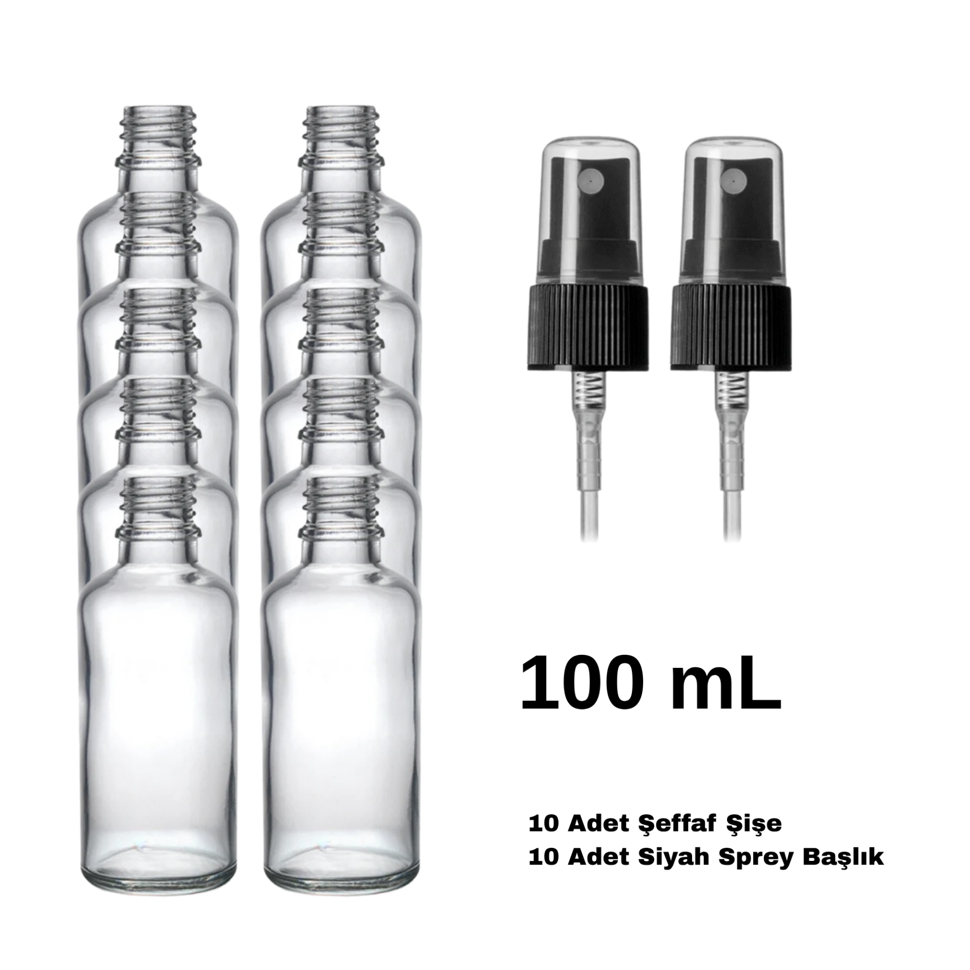 Cam Şeffaf Sprey Şişe 100 ml - Siyah Sprey Başlık 10 Adet