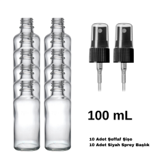 Cam Şeffaf Sprey Şişe 100 ml - Siyah Sprey Başlık 10 Adet