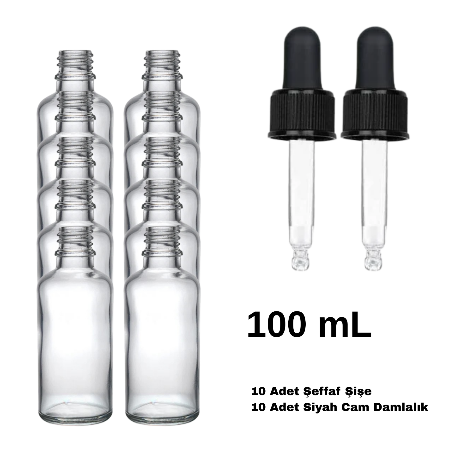 Cam Damlalıklı Ecza Şişe 100 ml Şeffaf - Siyah Kilitli 18 mm Kapak 10 Adet