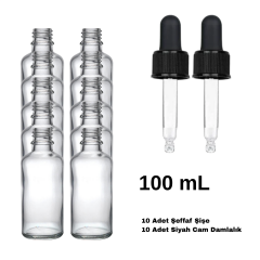 Cam Damlalıklı Ecza Şişe 100 ml Şeffaf - Siyah Kilitli 18 mm Kapak 10 Adet